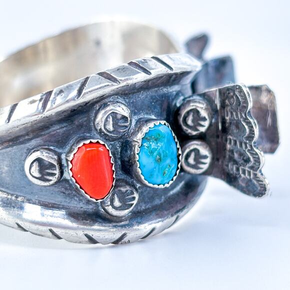 Vintage Milton Lasiloo Native Zuni Sterling Silver Turquoise Coral Watch Cuff 6" - Picture 8 of 12